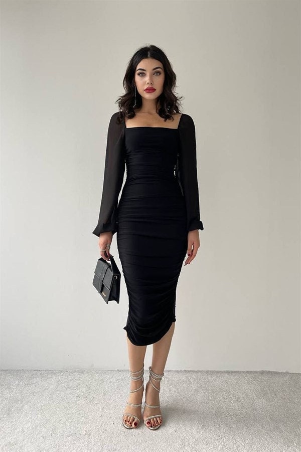 Capreze Womens Midi Dress Elegant Vintage Cocktail Dresses Slim Fit Holiday  Party Dress Black S 