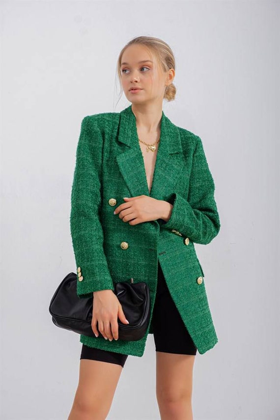 Emerald Green Double Breasted Plaid Tweed Blazer, Chic Slim Coat, Lapel  Neck Tweed Blazer, Fall Jacket -  Canada