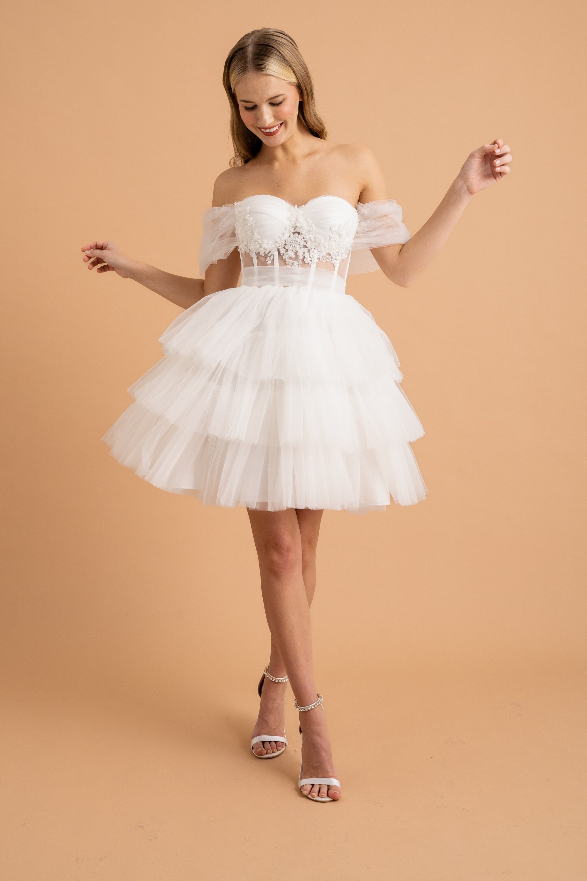 Cute White Elegant Bustier Corset Long Puff A-line Mini Dress