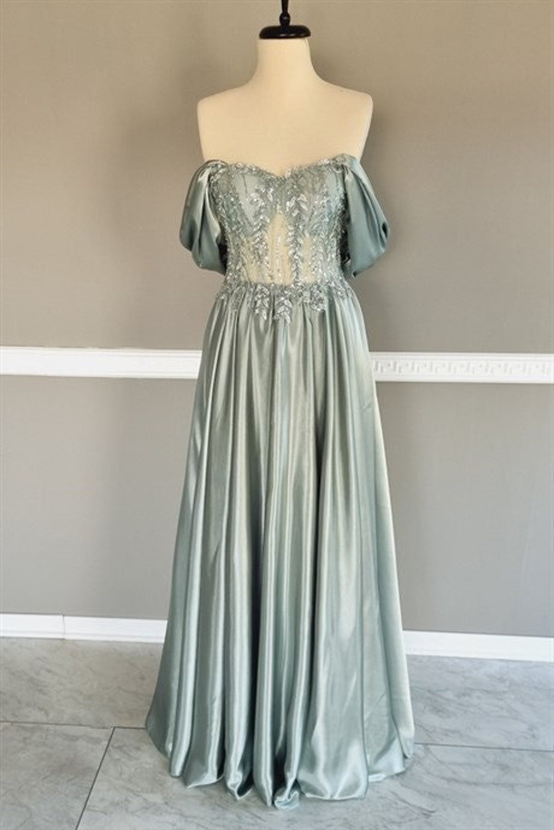 Sage Green Corset Satin Formal Evening Dress for Woman Etsy