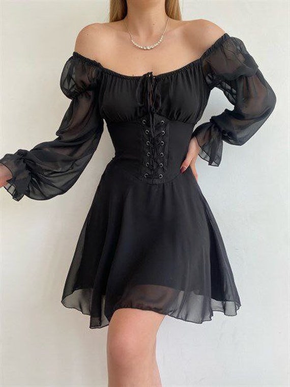 Fairy Corset Mini Dress, Short Tulle Dress, Cottagecore Black