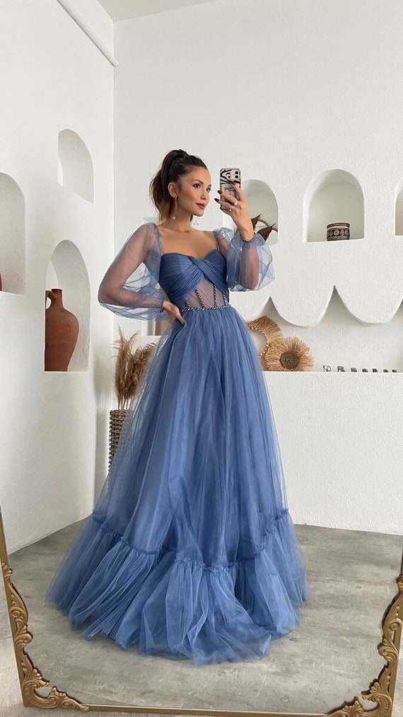 A-Line Tulle Gold/Blue Long Prom Dress, Blue Formal Evening Dress