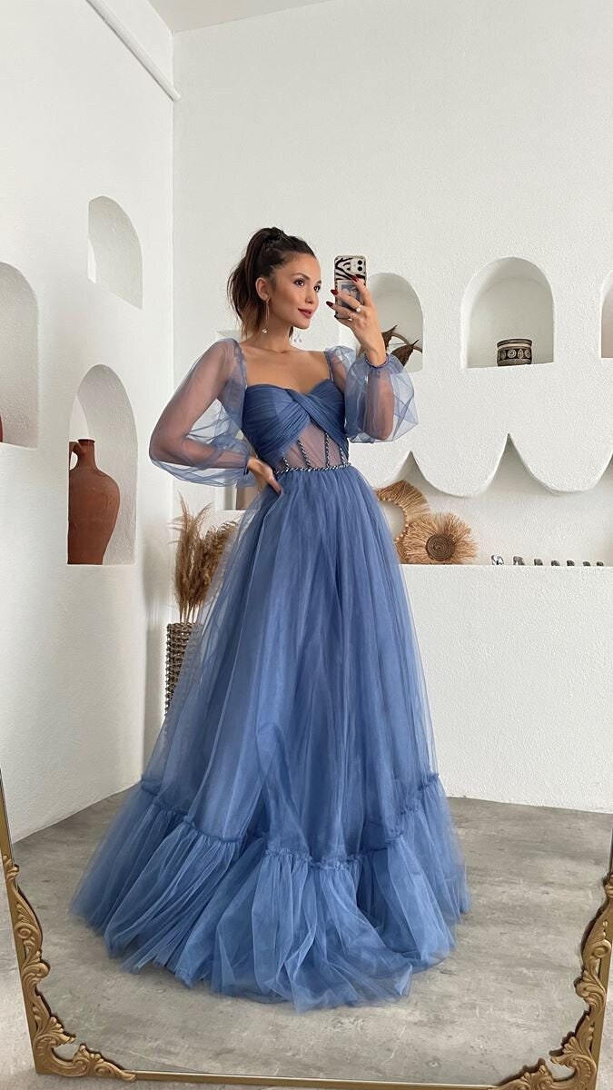 Floral Appliques Romantic A-line Blue Gown AC5013 – Sparkly Gowns