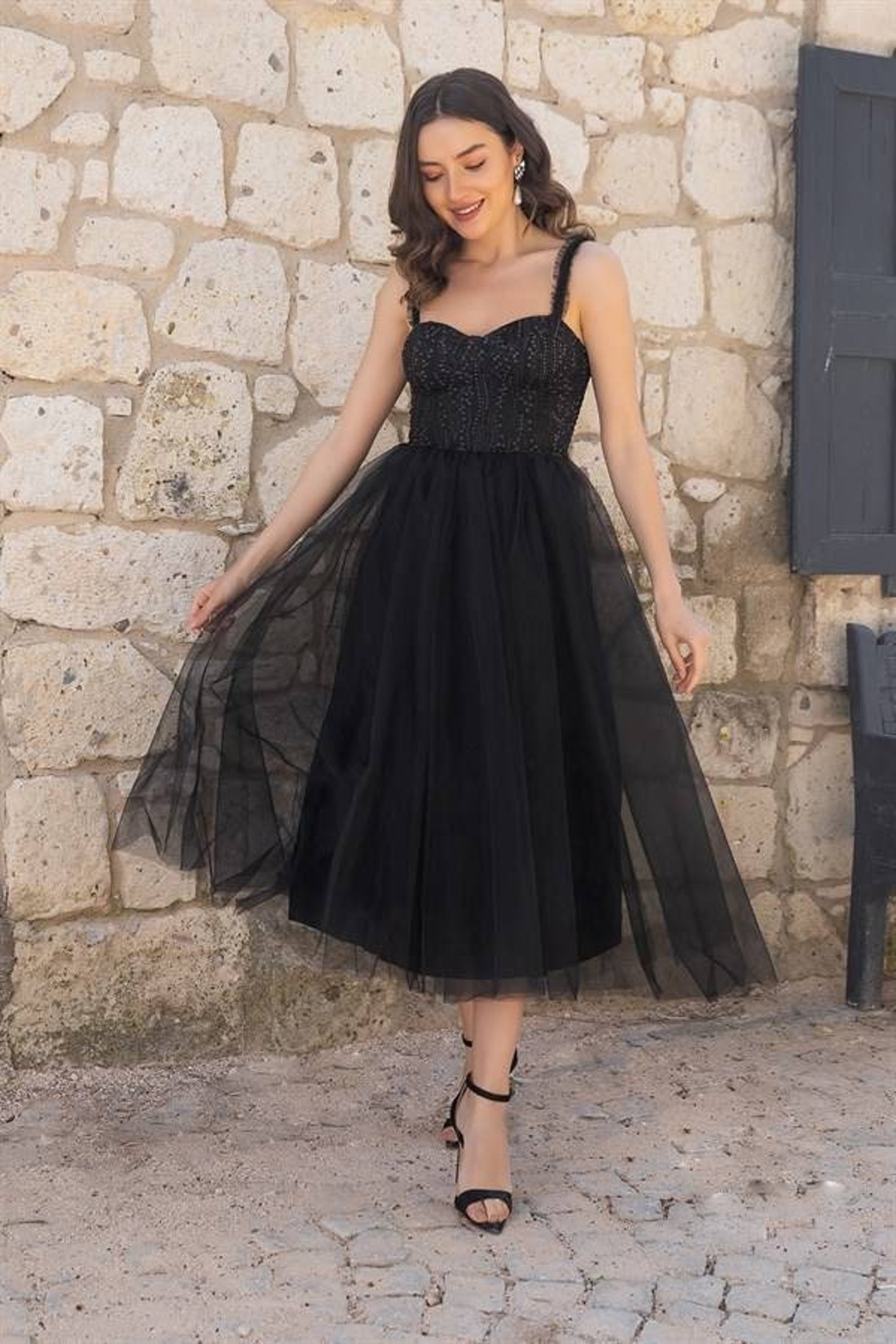 Black Tulle Prom Dress Midi Bridesmaid Dress Prom Dress Ball - Etsy