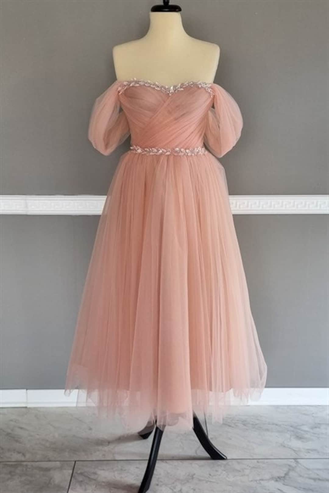 Blush Pink Tulle Midi Dress, Engagement Dress, Wedding Guest Dress