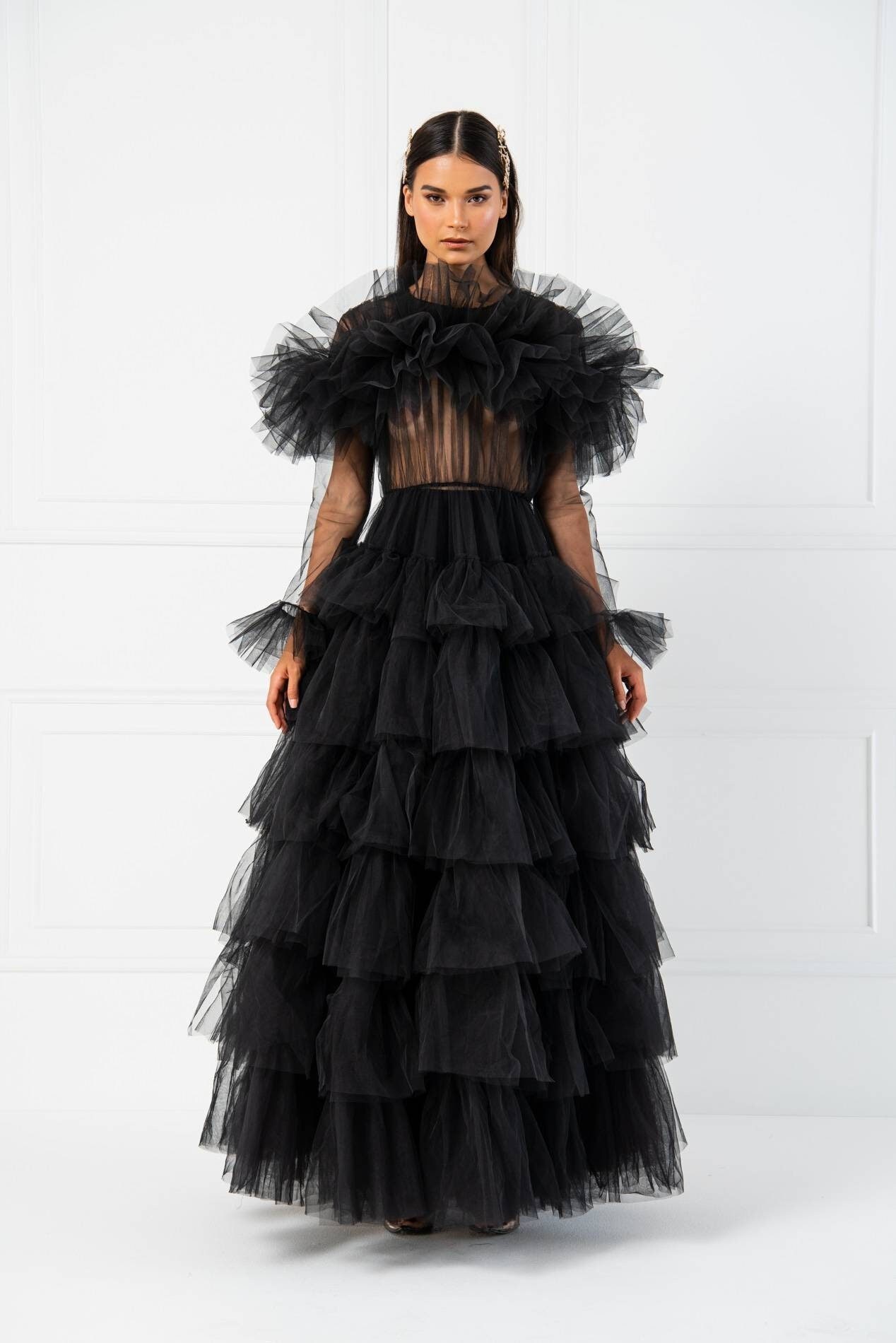 Ruffle Layered Tulle Black Prom Dress, Black Wedding Dress, Formal