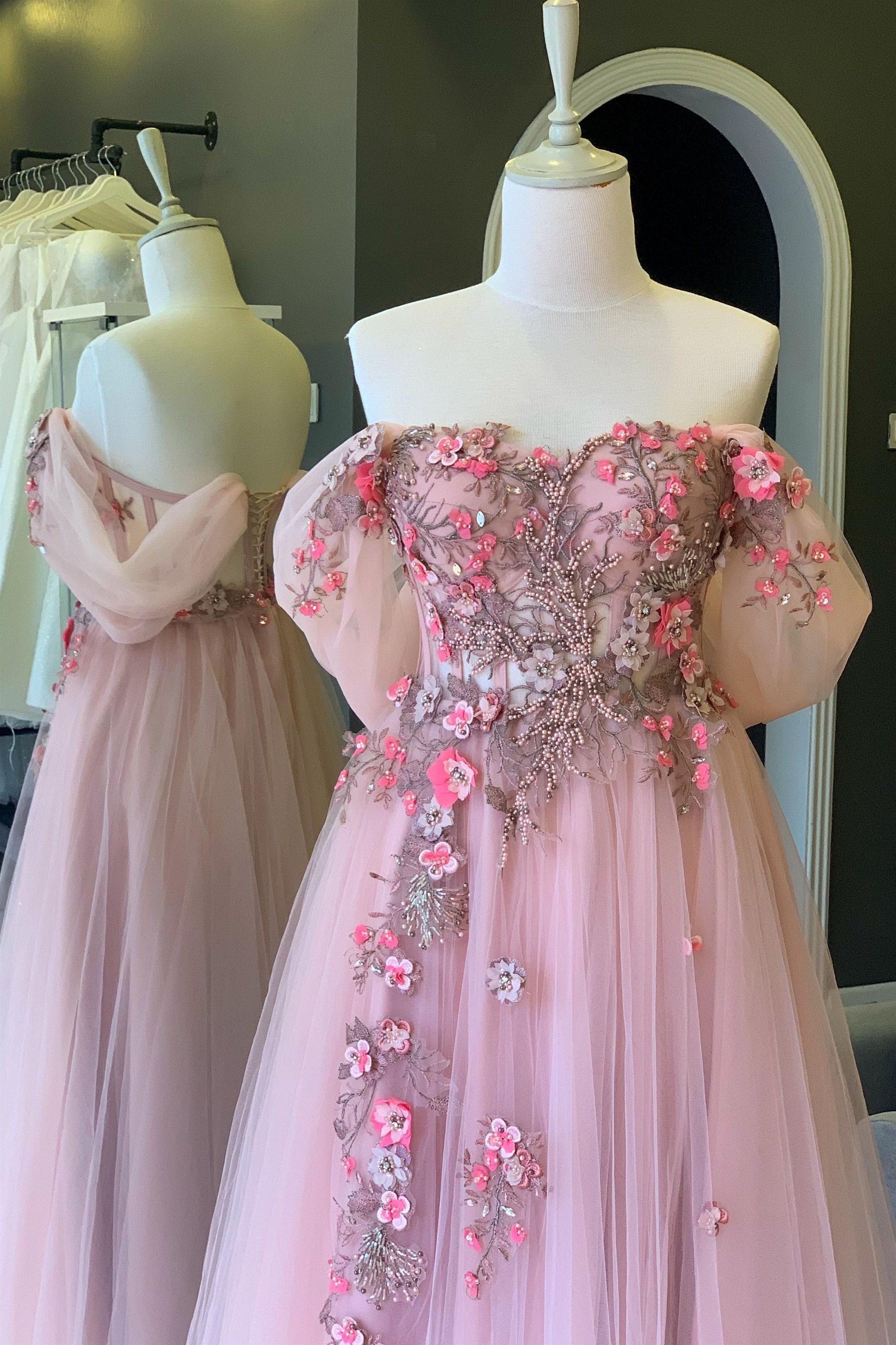 Pink Tulle Long A-Line Prom Dress, Cute Pink Evening Party Dress