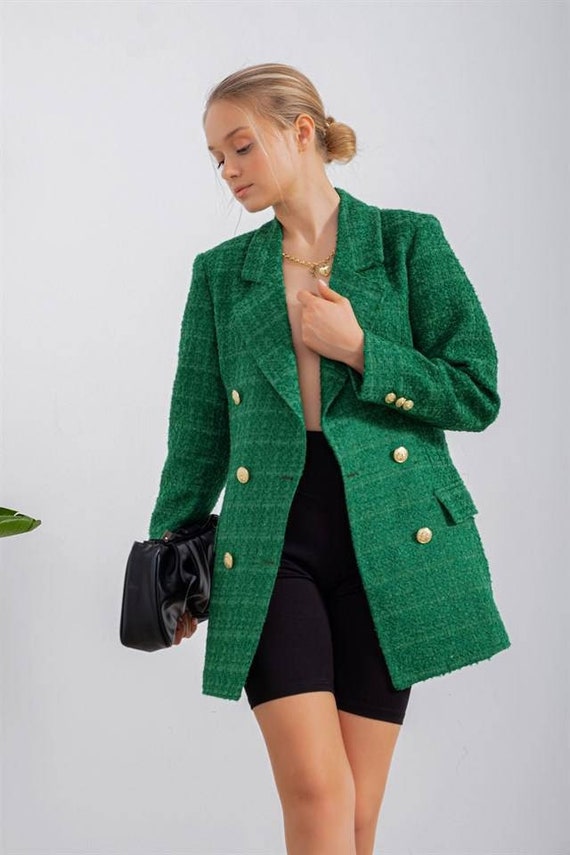 Betrokken bron Wiegen Emerald Green Double Breasted Plaid Tweed Blazer Chic Slim - Etsy