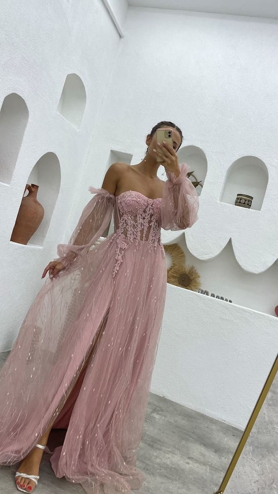 Strapless Corset Tulle Pink Ball Gown Prom Bustier Floor Dress