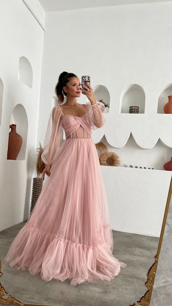 WPHPS Pink Prom Dresses with 3/4 Sleeves Elegant O-neck Flower Appliques  Ball Gown Tulle Dresses Evening Plus Size (Color : Pink, Size : 6) price in  UAE | Amazon UAE | kanbkam