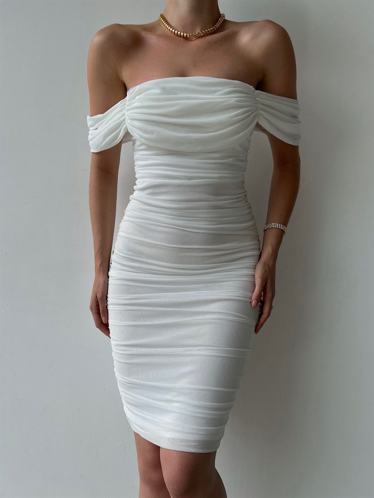 Off Shoulder White Ruched Midi Dress for Reception Dinner - Etsy Canada