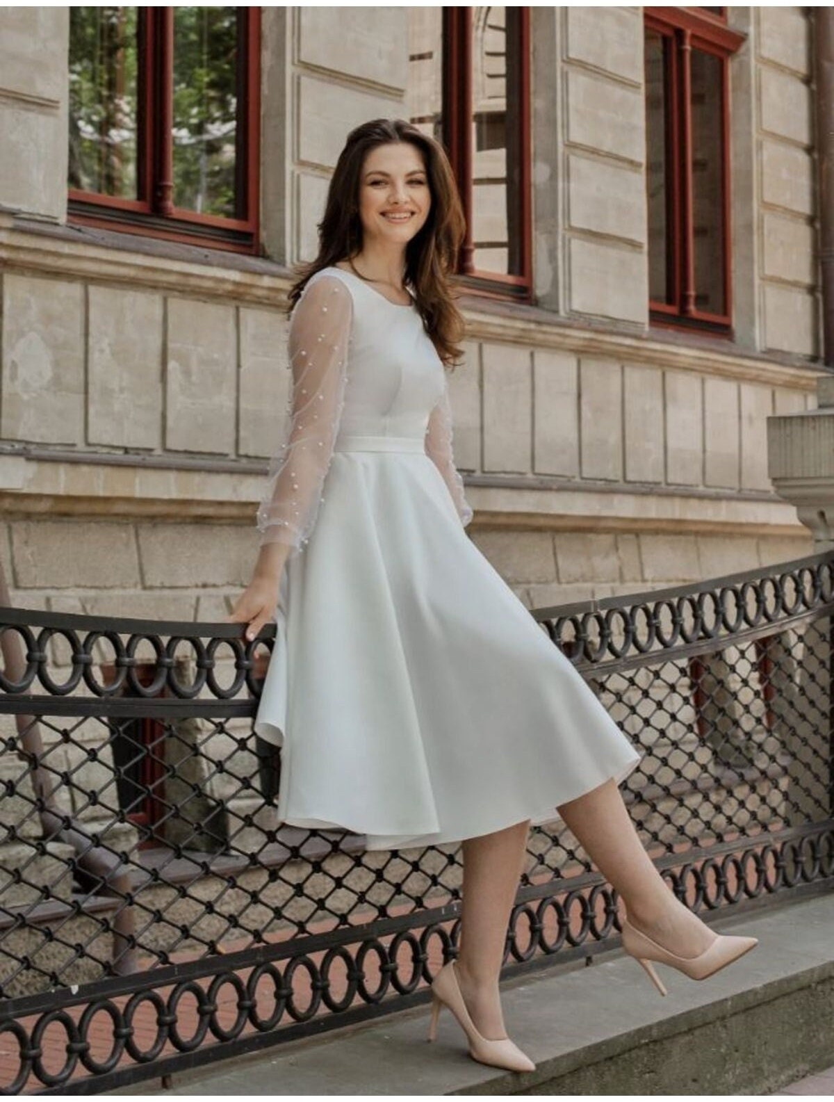 Short White Wedding Dress With Sleeves Modest Reception Dress Elope  Engagement Photoshoot Midi Dress Courthouse Wedding Dress -  Canada
