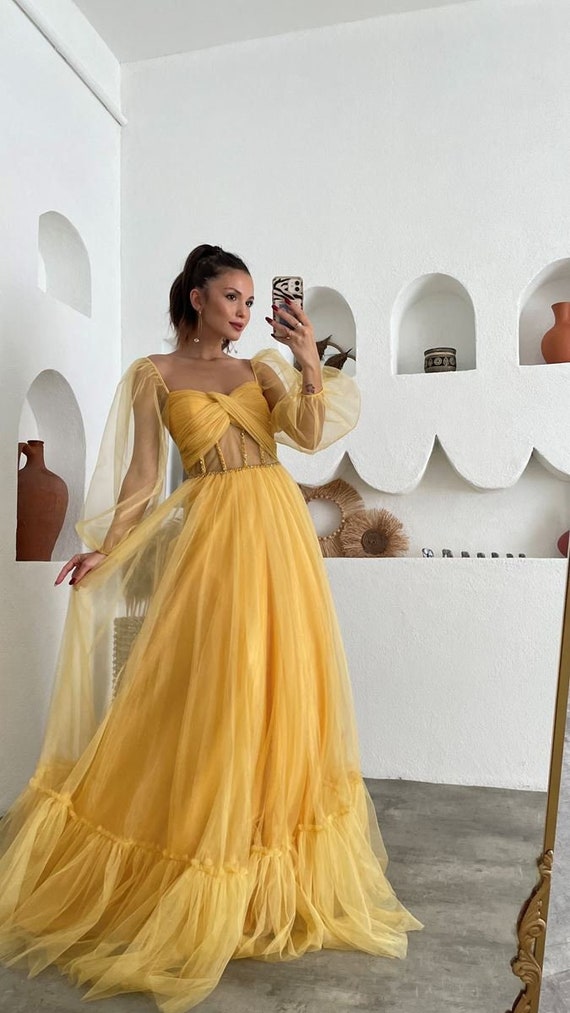 Vibrant Bright Yellow Prom Dress Off-The-Shoulder Ruffles Sleeves Floor  Length Layered Puffy Tulle Print