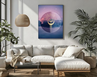 Violet Skies Moon Kunstdruck – Himmlische Wandkunst in Violett & Gold mit Heiliger Geometrie