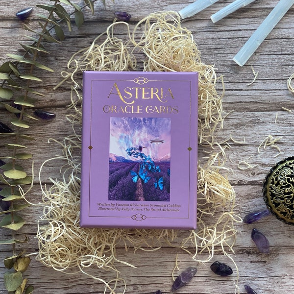 Baraja de cartas oráculo Asteria / Baraja oráculo púrpura / Herramientas de adivinación / Baraja para la mentalidad y la guía / Meditación / Autoconciencia / Rituales diarios