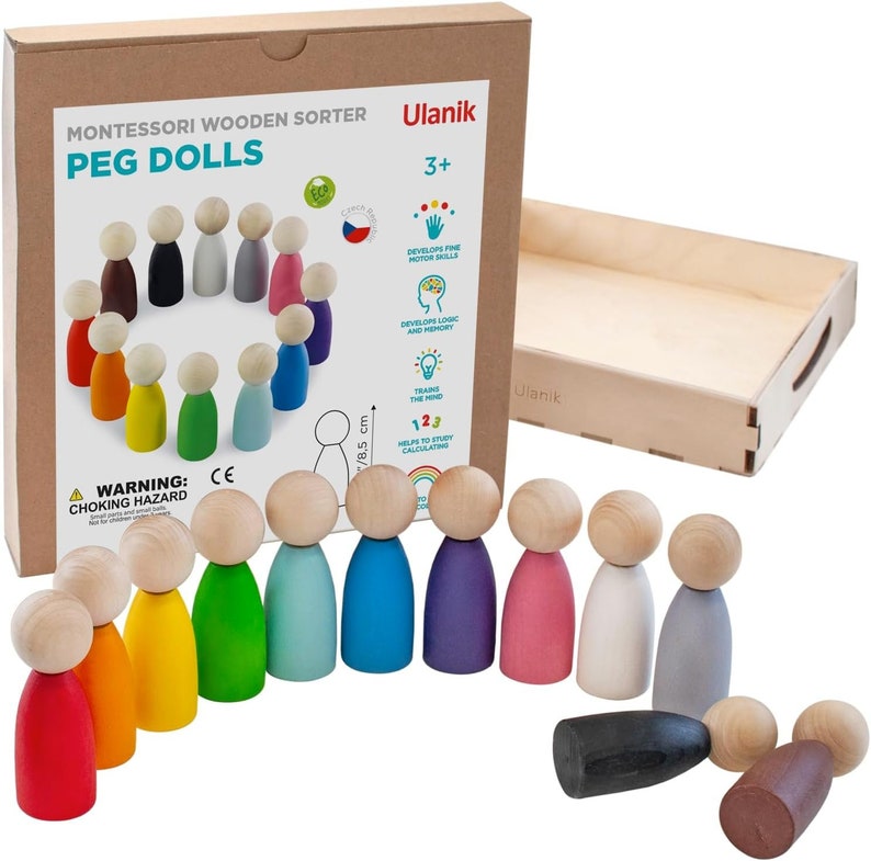 Ulanik Large Peg Dolls for Sorting Toddlers Montessori Toys for 3 Year Olds Baby Waldorf Dolls Wooden Games for Learning Colour Sorting... image 2