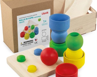 Ulanik Balls in Nests Starter Kit Toddlers Montessori Toy from 1 Year + Sensory Wooden Games for Counting and Sorting Colours Learning -...