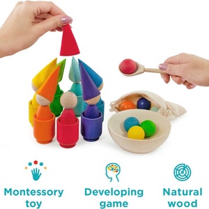 Ulanik Bambole e palline arcobaleno con mollette in tazza Giocattoli Montessori per bambini da 3 Giochi in legno per imparare a ordinare e contare i colori immagine 2