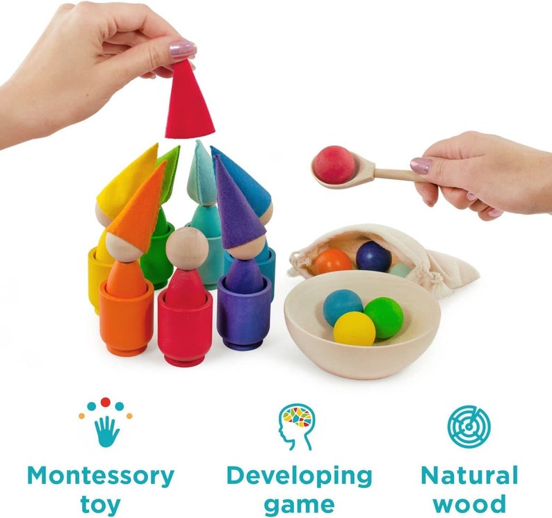 Ulanik Bambole e palline arcobaleno con mollette in tazza Giocattoli Montessori per bambini da 3 Giochi in legno per imparare a ordinare e contare i colori immagine 2