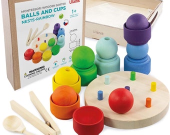 Ulanik Palline Arcobaleno in Nido Giocattoli Montessori per Bambini da 1 Anno + Giochi in Legno Abbinati per Imparare a Ordinare e Contare i Colori - 7...