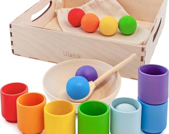 Ulanik Palline Arcobaleno in Tazze Giocattoli Montessori per Bambini da 1 Anno + Giochi in Legno Abbinati per Bambini in Età Prescolare per Imparare a Ordinare i Colori...