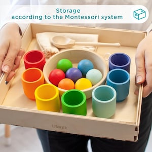 Ulanik Rainbow Balls in Cups Toddler Montessori Toys for 1 Wooden Matching Game for Learning Color Sorting and Counting zdjęcie 9