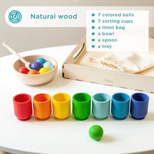 Ulanik Rainbow Balls in Cups Toddler Montessori Toys for 1 Wooden Matching Game for Learning Color Sorting and Counting zdjęcie 6