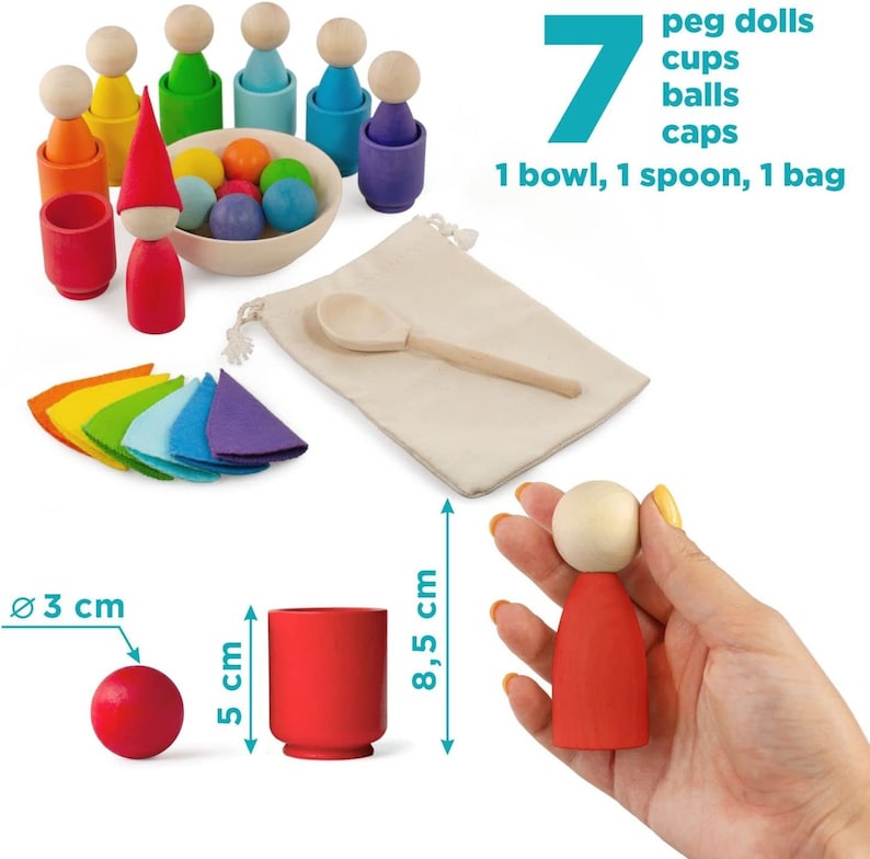 Ulanik Bambole e palline arcobaleno con mollette in tazza Giocattoli Montessori per bambini da 3 Giochi in legno per imparare a ordinare e contare i colori immagine 4