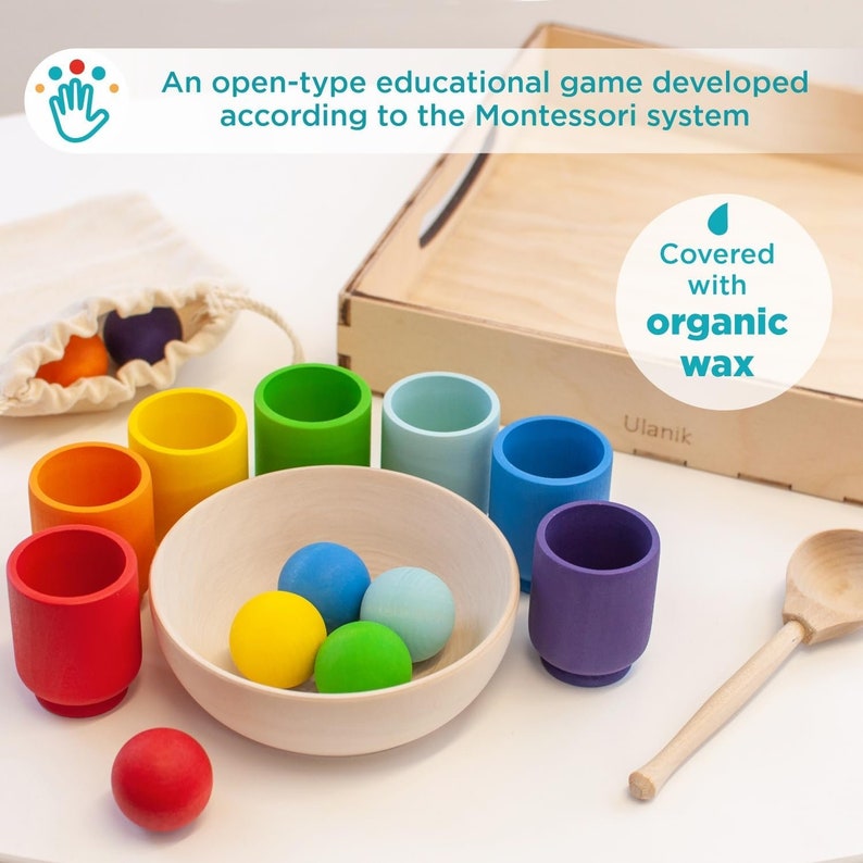 Ulanik Rainbow Balls in Cups Toddler Montessori Toys for 1 Wooden Matching Game for Learning Color Sorting and Counting zdjęcie 2