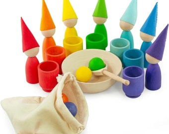 Ulanik - Poupées arc-en-ciel avec chevilles et boules dans des tasses Jouets Montessori pour tout-petits à partir de 3 ans Jeux en bois pour apprendre à trier les couleurs et à compter