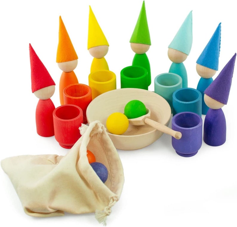 Ulanik Bambole e palline arcobaleno con mollette in tazza Giocattoli Montessori per bambini da 3 Giochi in legno per imparare a ordinare e contare i colori immagine 5