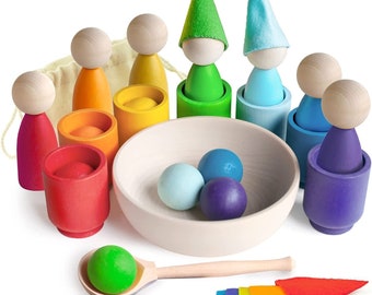 Ulanik Regenbogen Peg Puppen und Bälle in Bechern Kleinkinder Montessori Spielzeug für 3+ Holzspiele zum Lernen von Farbsortierung und Zählen