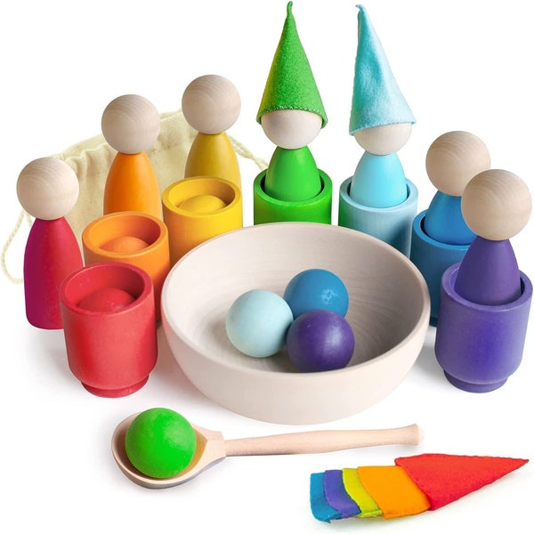 Ulanik Rainbow Peg Dolls and Balls in Cups Toddlers Montessori Toys for 3+ Wooden Games for Learning Colour Sorting and Counting