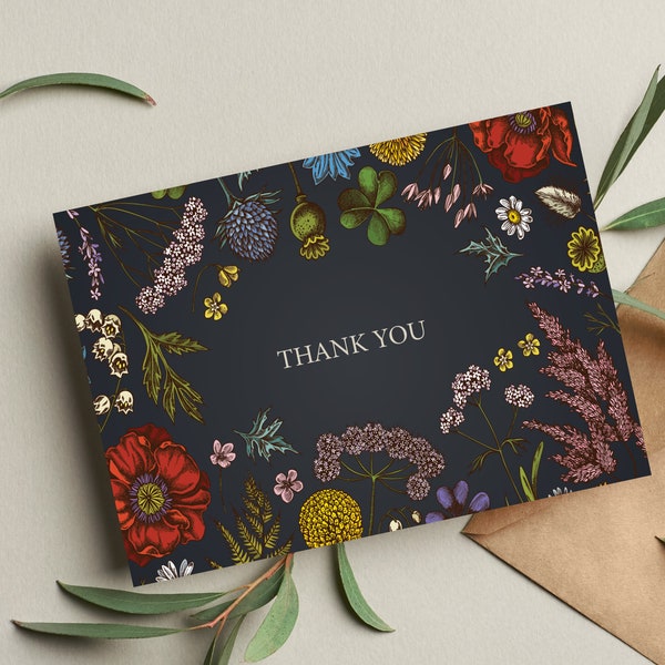 Elegant Hand Drawn Wildflower Stationery - Wedding Shower Thank You Cards, Baby Shower, Note Cards with Envelopes, 12 Pack