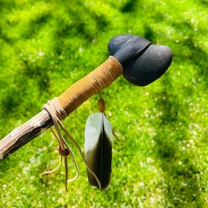 Umatilla Stone Tomahawk, Black Granite, Wall Hanging, Feathers, Hand Crafted