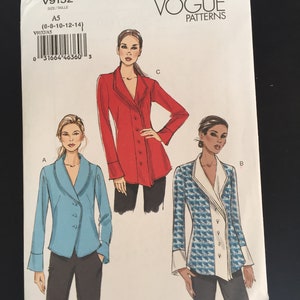 May include: A sewing pattern for a collared blouse with long sleeves. The pattern includes three different styles: a blue blouse, a red blouse, and a blue and white patterned blouse. The pattern is for sizes 6-8-10-12-14. The pattern number is V9152.
