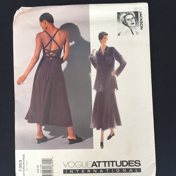 Uncut vintage Betty Jackson Vogue dress pattern 1353 in sizes 6-8-10