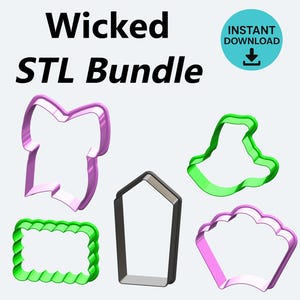 Puede incluir: Un conjunto de archivos digitales titulado Wicked STL Bundle con un icono de descarga instantánea. La imagen muestra cinco formas distintas de cortadores de galletas en morado, verde y negro, incluyendo un lazo, un ataúd, un rectángulo festoneado y una concha.