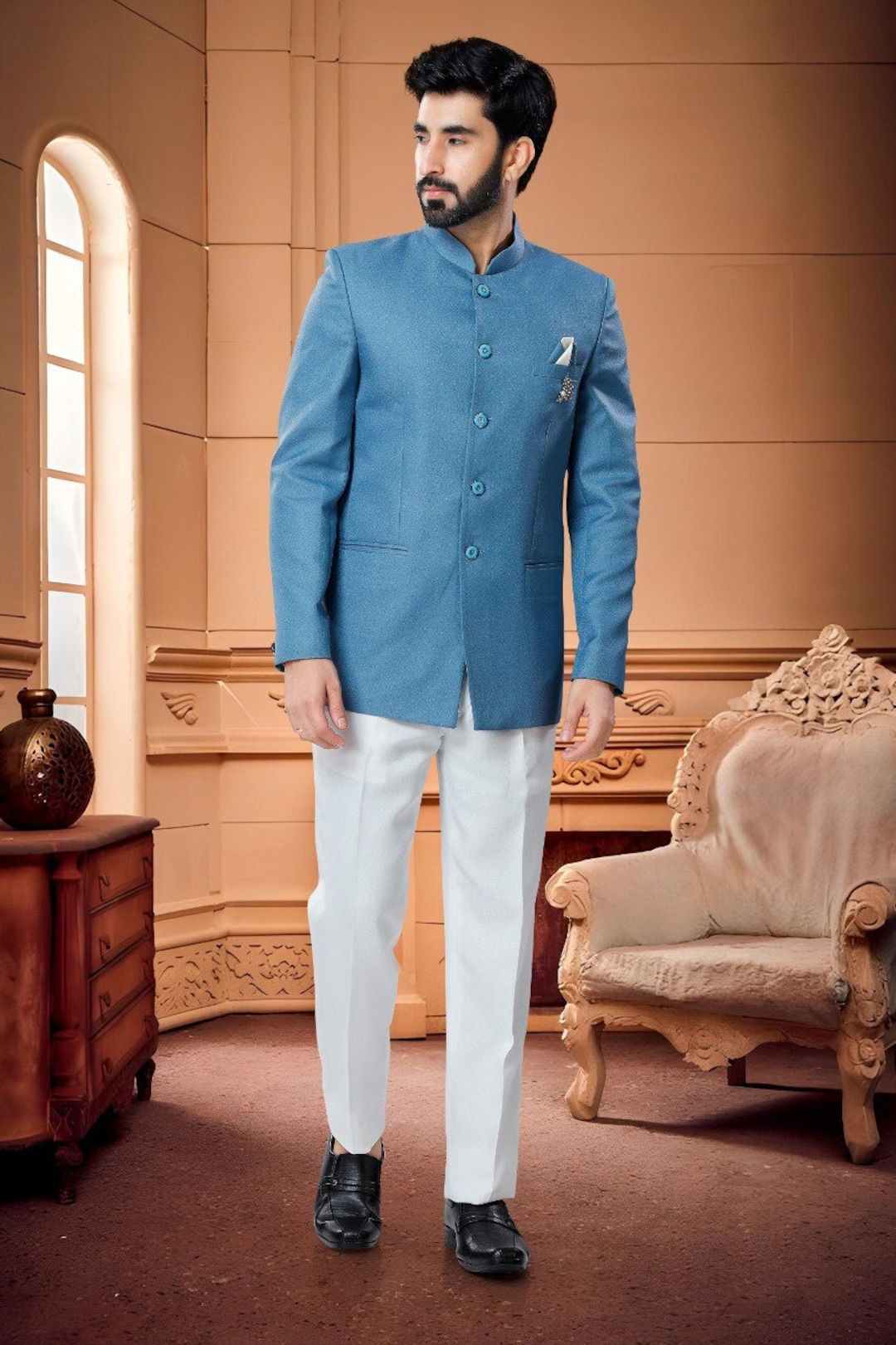 Contrast Trim Cotton Linen Jodhpuri Suit in Cream : MNB927