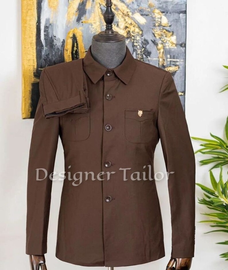 Men's Casual Safari Suit Shirt and Pant Set in Brown