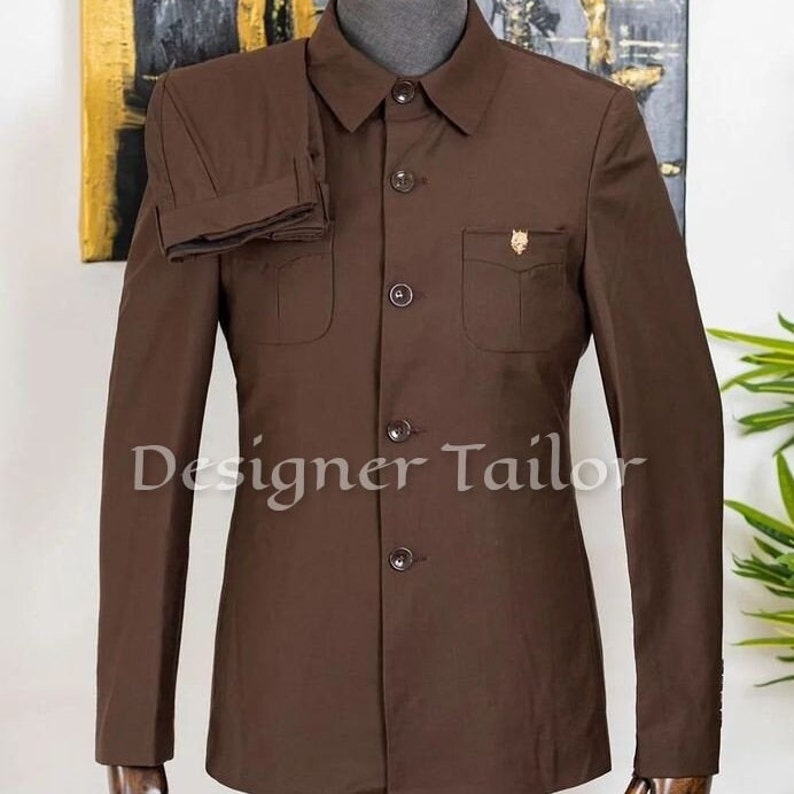 High Collar Suits With Safari Pocket Pleated Pants Coffee