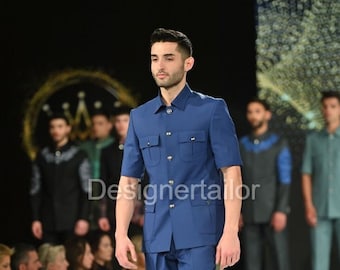 Designertailor Blue Safari Suit for Men's Clothing Traditional Designer Party Wear Special Two Piece Set