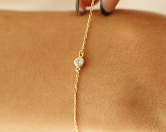 14k Gold Diamant Lünette Armband: Zierliches Solitaire Armband