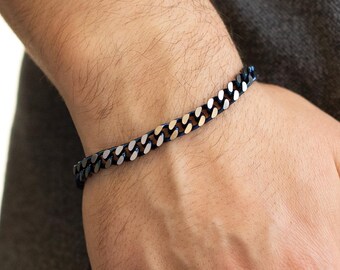 Black & Blue Stainless Steel Cuban Link Bracelet - Waterproof Chunky Chain