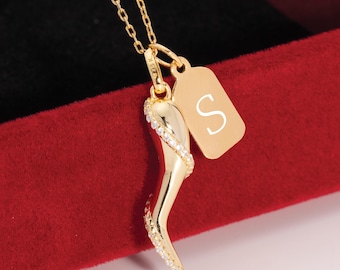 Personalized Italian Horn Necklace: Custom Name Cornicello Amulet