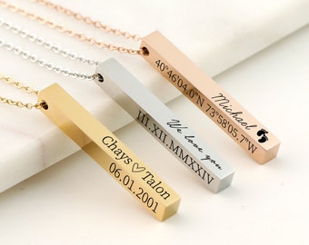 Personalized 3D Bar Necklace: Engraved Name, Date, Coordinates