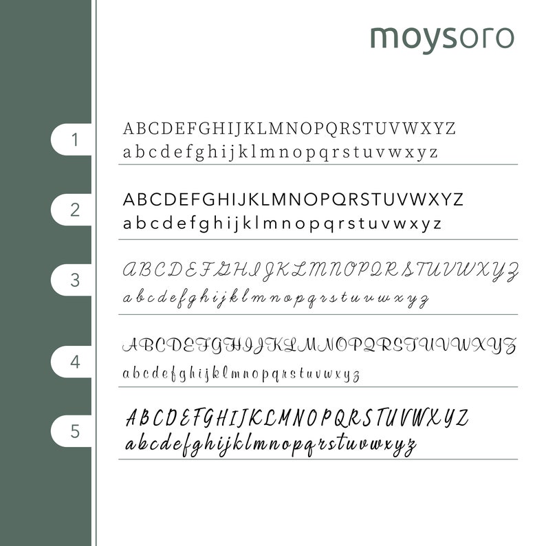 May include: Five different styles of the alphabet in uppercase and lowercase letters. The letters are written in a cursive script.