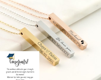 Personalized Graduation Gift Class of 2025 Custom Engraved 4 Sided Bar Necklace Name Jewelry for Graduate, High School, College Grad Gift