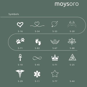 May include: A chart with white symbols on a green background. The symbols include a heart, infinity sign, paw print, crown, star, and more. The text "Symbols" and "moysoro" are at the top of the chart.