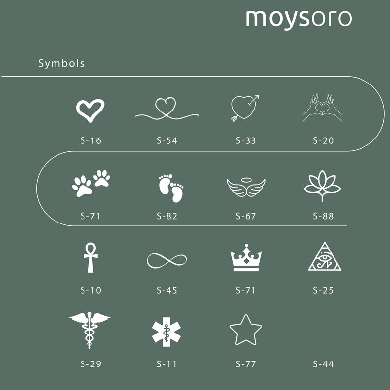 May include: A chart with white symbols on a green background. The symbols include a heart, infinity sign, paw print, crown, star, and more. The text "Symbols" and "moysoro" are at the top of the chart.